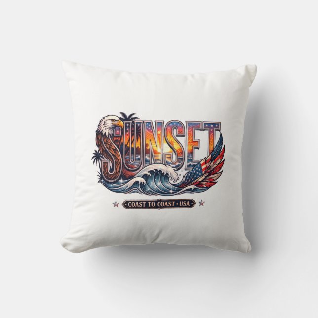 Coussin Aigle et drapeau américain vintage "SUNSET" Vague  (Recto)