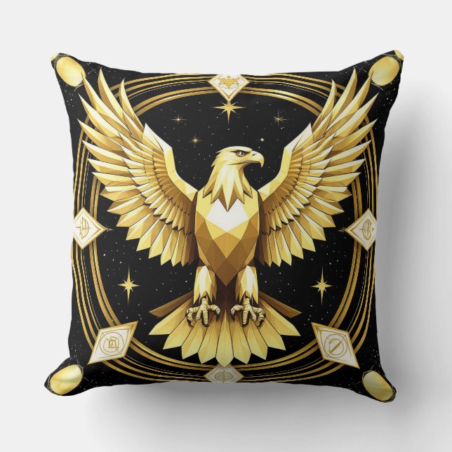 Coussin Aigle Géométrique Abstrait Doré Oiseau de Pouvoir (Recto)