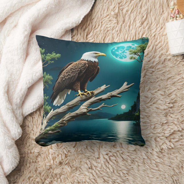 Coussin Aigle perché sur une branche par la rivière Moonli (Couverture)
