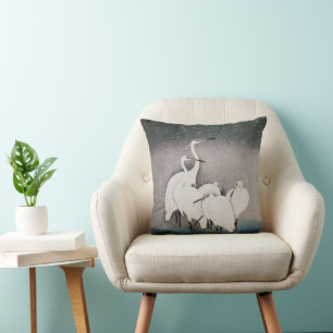 Coussin Aigrettes de Koson dans la neige : vintage japonai