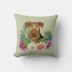 Coussin Airedale Terrier Et Fleurs Colorées D'été Vertes