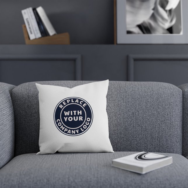 Coussin Ajouter un logo d'entreprise Décor de salle d'expo (Business Round Classic White Logo Throw Pillow)