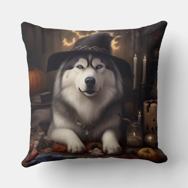 Coussin Alaskan Malamute Citrouilles Halloween effrayant (Verso)