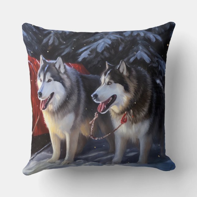 Coussin Alaskien Malamute Snowy Sleigh Ride Noël (Verso)