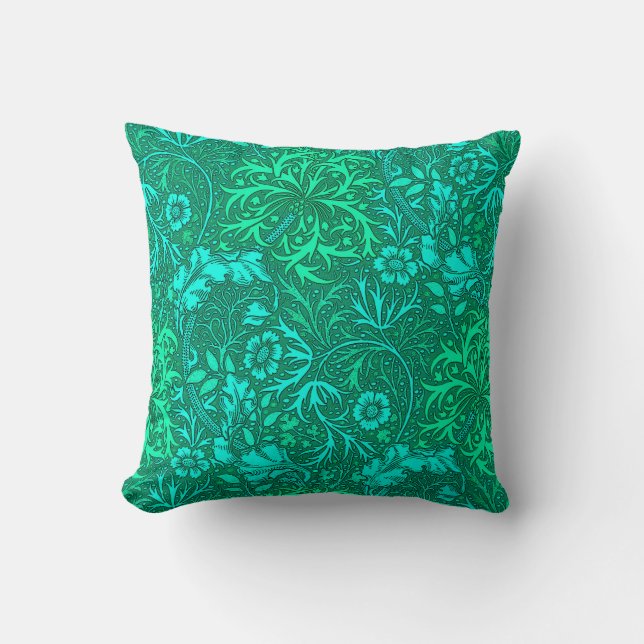 Coussin Algue de Nouveau d'art florale, turquoise et Aqua (Recto)