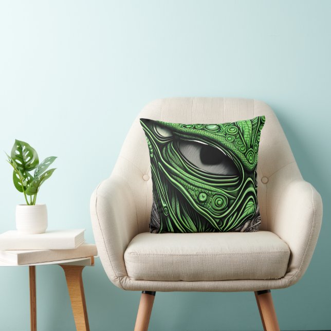 Coussin Alien vert avec fond de lignes dégénératives (Chaise)