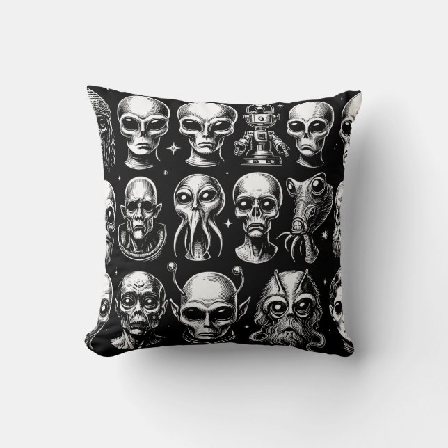 Coussin Aliens spatiaux Têtes extra-terrestres Sci Fi (Recto)