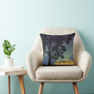 Coussin Allemagne vintage, bus jaune la nuit, art de voyag