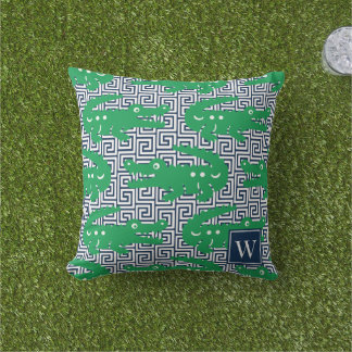 Coussin  Alligator Greek Key- Green & Navy Monogram