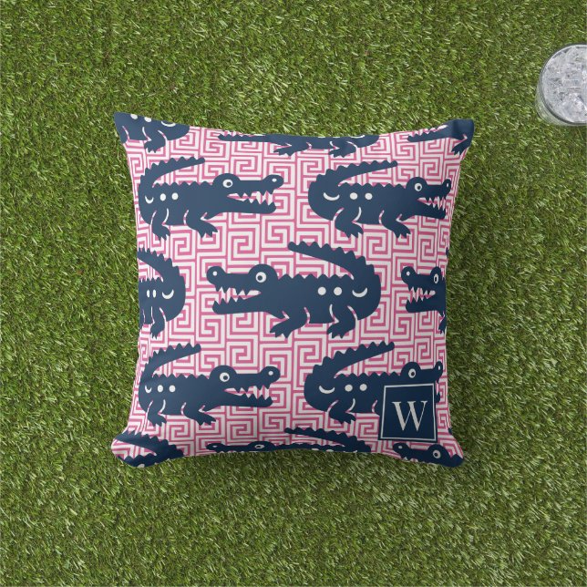 Coussin  Alligator Greek Key- Hot Pink & Navy Monogram (Herbe)