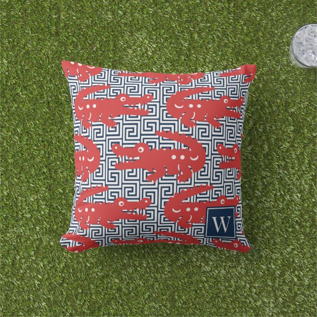 Coussin  Alligator Greek Key- Red & Navy Monogram (Herbe)