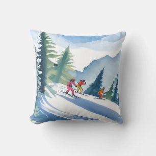 Coussin Allons Skiing   Peinture Aquarelle d'Hiver