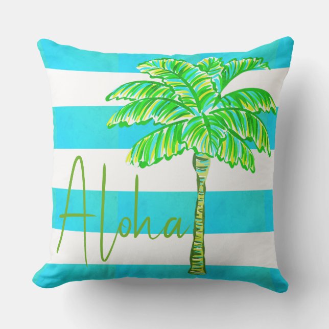 Coussin Aloha de palmier à rayures turquoise et blanche (Recto)