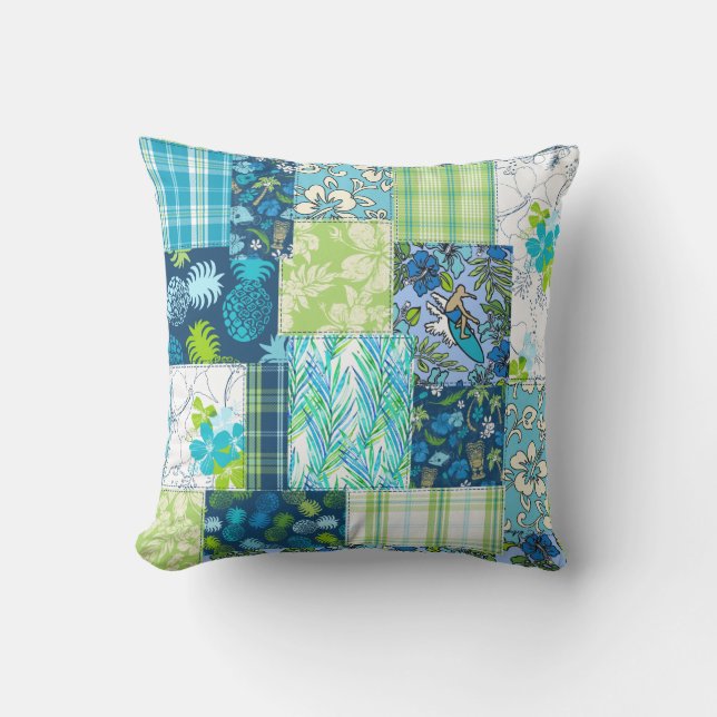 Coussin Aloha Patchwork Hawaiian Tropical Prints - Turquoi (Recto)