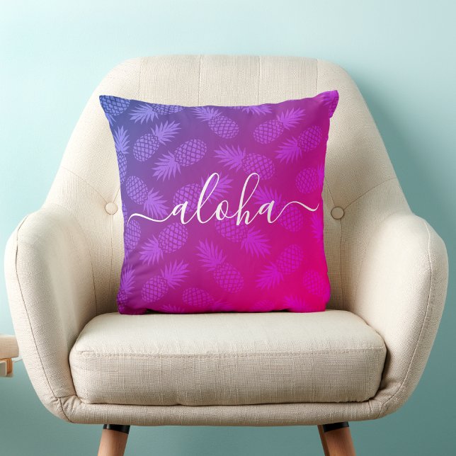 Coussin Aloha rose chaud Script Motif ananas Tropical (Créateur téléchargé)