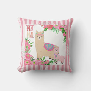 Coussin Alpaca Mama & Bébé rose vert floral rayures roses