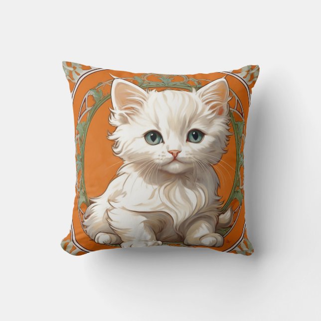 Coussin Alphonse Mucha Art Nouveau Kitten blanc (Recto)