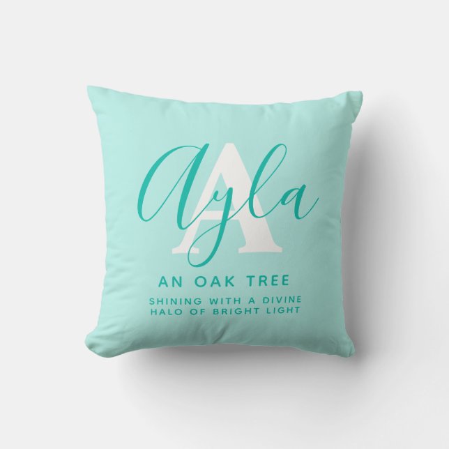 Coussin Alya nom signifiant aqua lettre verte A (Recto)