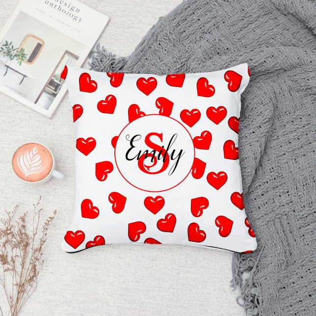 Coussin Amateurs coeur rouge motif sur blanc monogrammed (Créateur téléchargé)