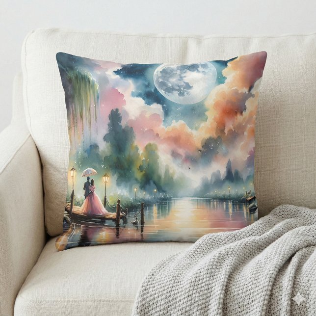 Coussin Ambiance romantique Moonlight Watercolor Scène noc (Romantic Moonlight Watercolor Night Scene Throw Pillow Mockup A)