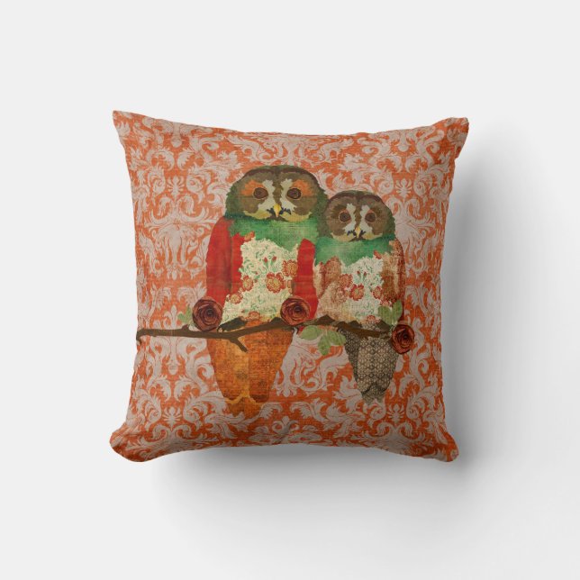 Coussin ambre de MoJo de damassé de hiboux roses (Recto)