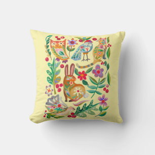 Coussin Amis Animaux Floraux Art Populaire Jaune Pâle
