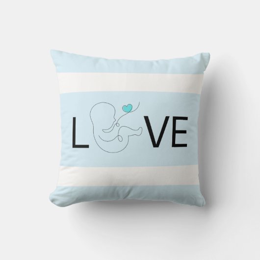 Coussin Amour, bande blanche, bébé script avec coeur bleu, (Recto)