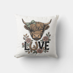 Coussin Amour de vache des Highlands Fleurs vintage Art de