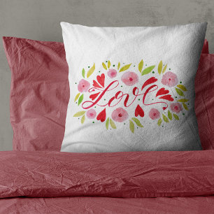 Coussin Amour et fleurs - rose et rouge