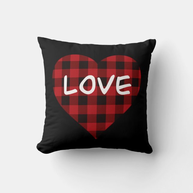 Coussin Amour, motif plaid de buffle rouge, coeur valentin (Recto)