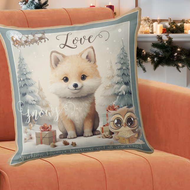 Coussin Amour Neige Sweet Fox Noël (Christmas pillow featuring a whimsical design with a fox in the snow, an owl and Santa with reindeer)