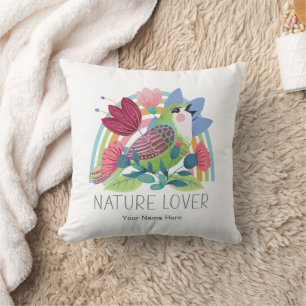 Coussin Amoureux de la nature Aquarelle Oiseau Fleurs Arc-