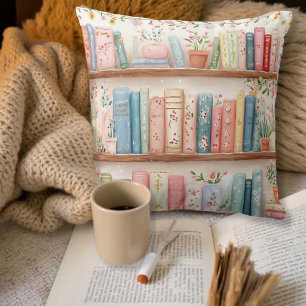 Coussin Amoureux des livres étagère florale en aquarelle