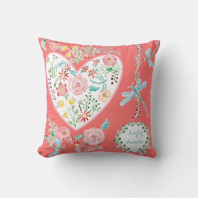 Coussin Amusant Aquarelle moderne Floral Heart Dragonfly A (Recto)