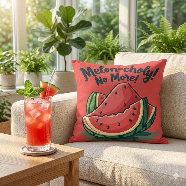 Coussin Amusante Pun de pastèque "Melon-choly No More" (Funny Watermelon Pun Melon-choly No More Throw Pillow Mockup A)