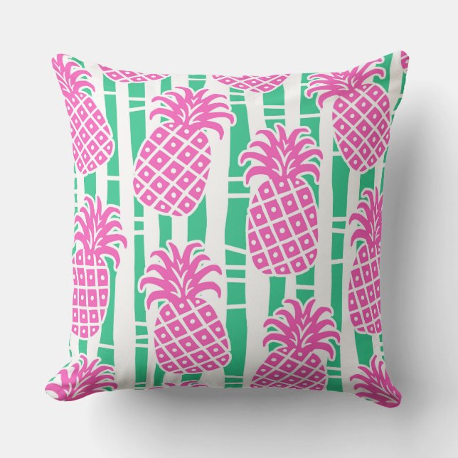 Coussin Ananas Bambou rayures rose et Motif vert (Recto)