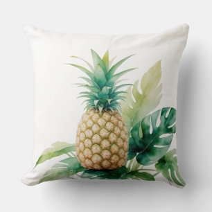 Coussin Ananas doré avec Aquarelle Monstera Tropical