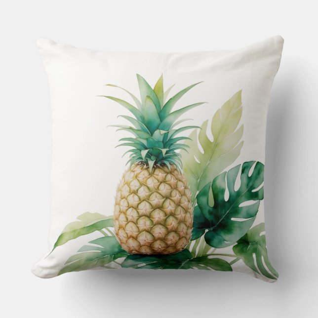 Coussin Ananas doré avec Aquarelle Monstera Tropical (Recto)