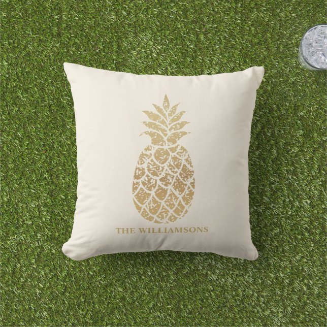 Coussin Ananas en or sur ivoire Personnalisé (Herbe)