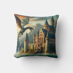 Coussin Ancien château attaqué par un dragon volant