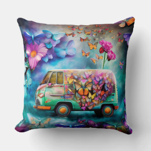Coussin Ancien fourgon Combi rouillé avec papillons à fleu