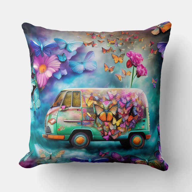 Coussin Ancien fourgon Combi rouillé avec papillons à fleu (Recto)
