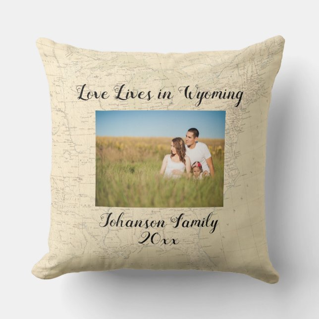 Coussin Ancienne Carte L'Amour Vit Dans Le Wyoming State F (Recto)
