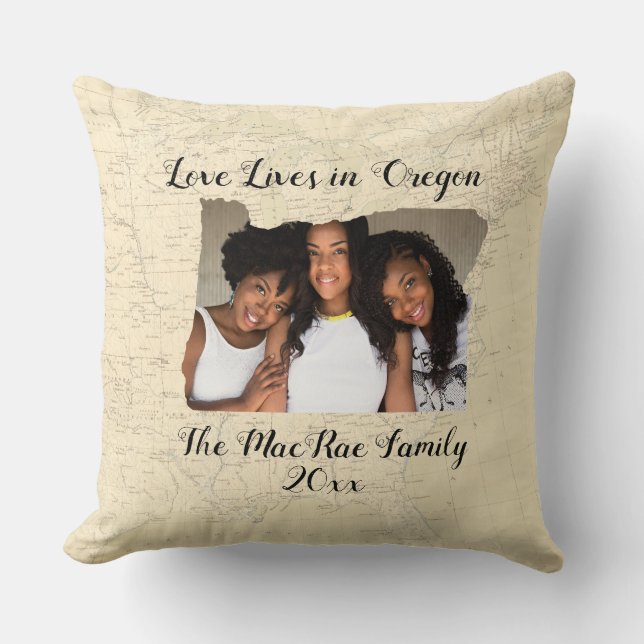Coussin Ancienne Carte L'Amour Vit Dans L'État De L'Oregon (Recto)