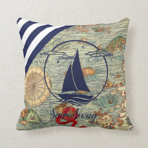 Coussin Ancienne carte marine/bateau/silhouette/départ/mar