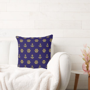 Coussin Ancrage en or nautique et roue/navire/bleu marine