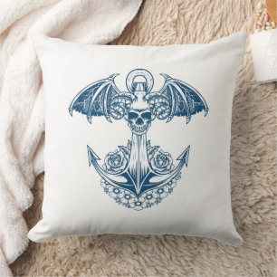 Coussin Ancrage nautique avec crâne et fleurs
