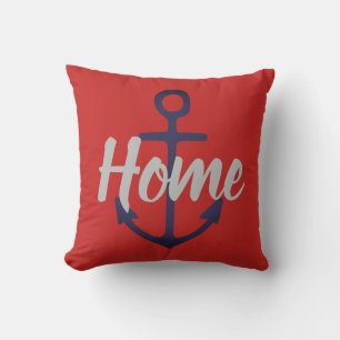Coussin ancrage NAUTIQUE + type MAISON gris sur fond rouge