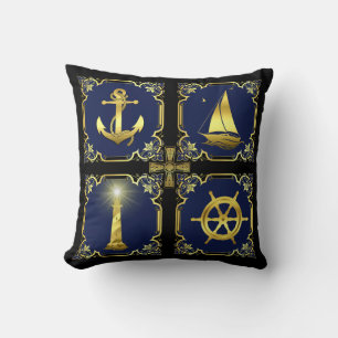 Coussin Ancrage nautique/voilier/roue/phare or/blu