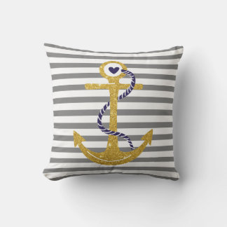 Coussin Ancrage or gris, rayures blanches nautiques